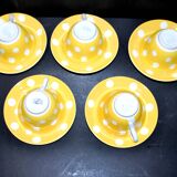 Set of 5 vintage yellow polka dot earthenware cups from Sarreguemines Digoin 1940-1950
