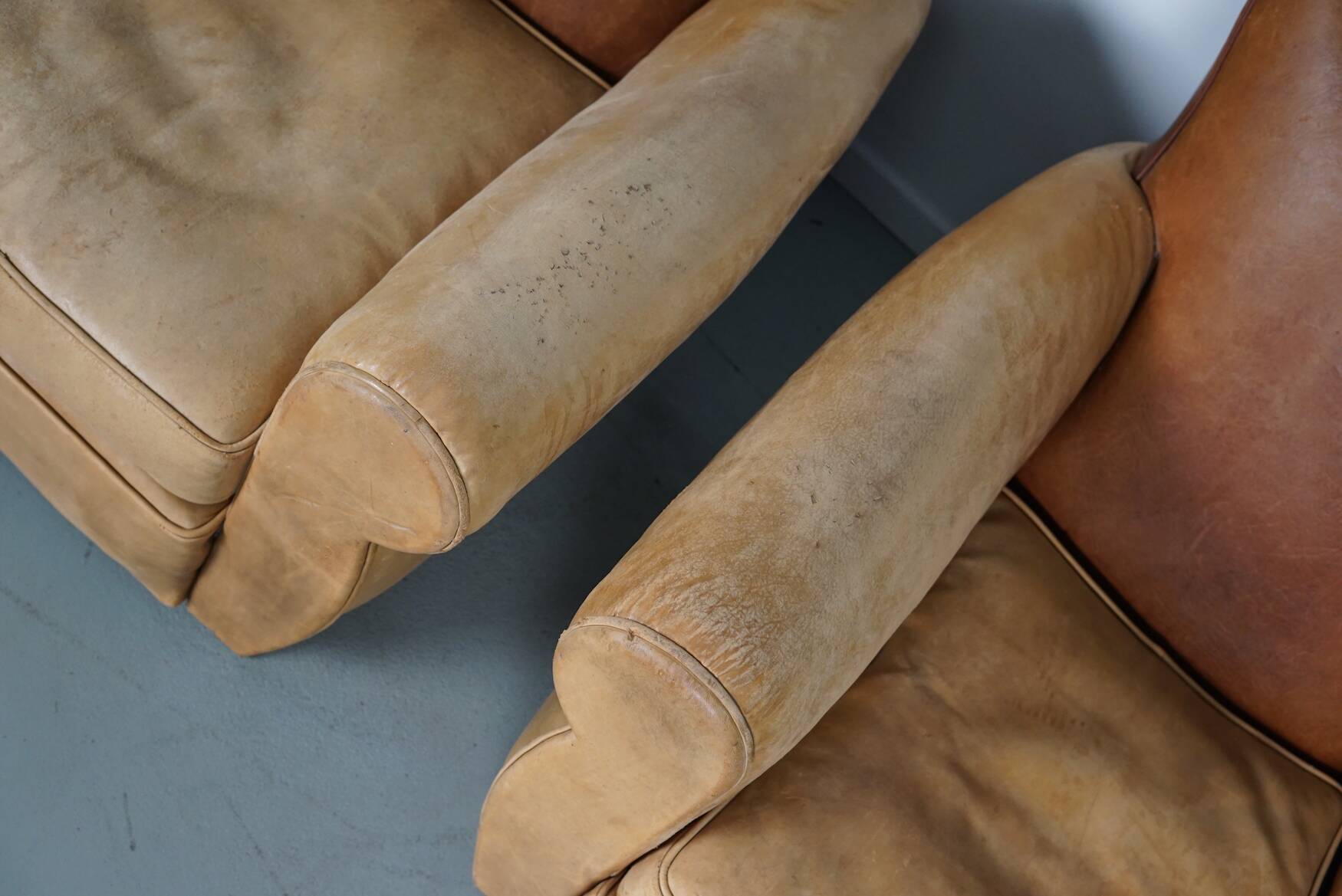 Pair of French Cognac Moustache Back Leather Club Chairs, 1940s