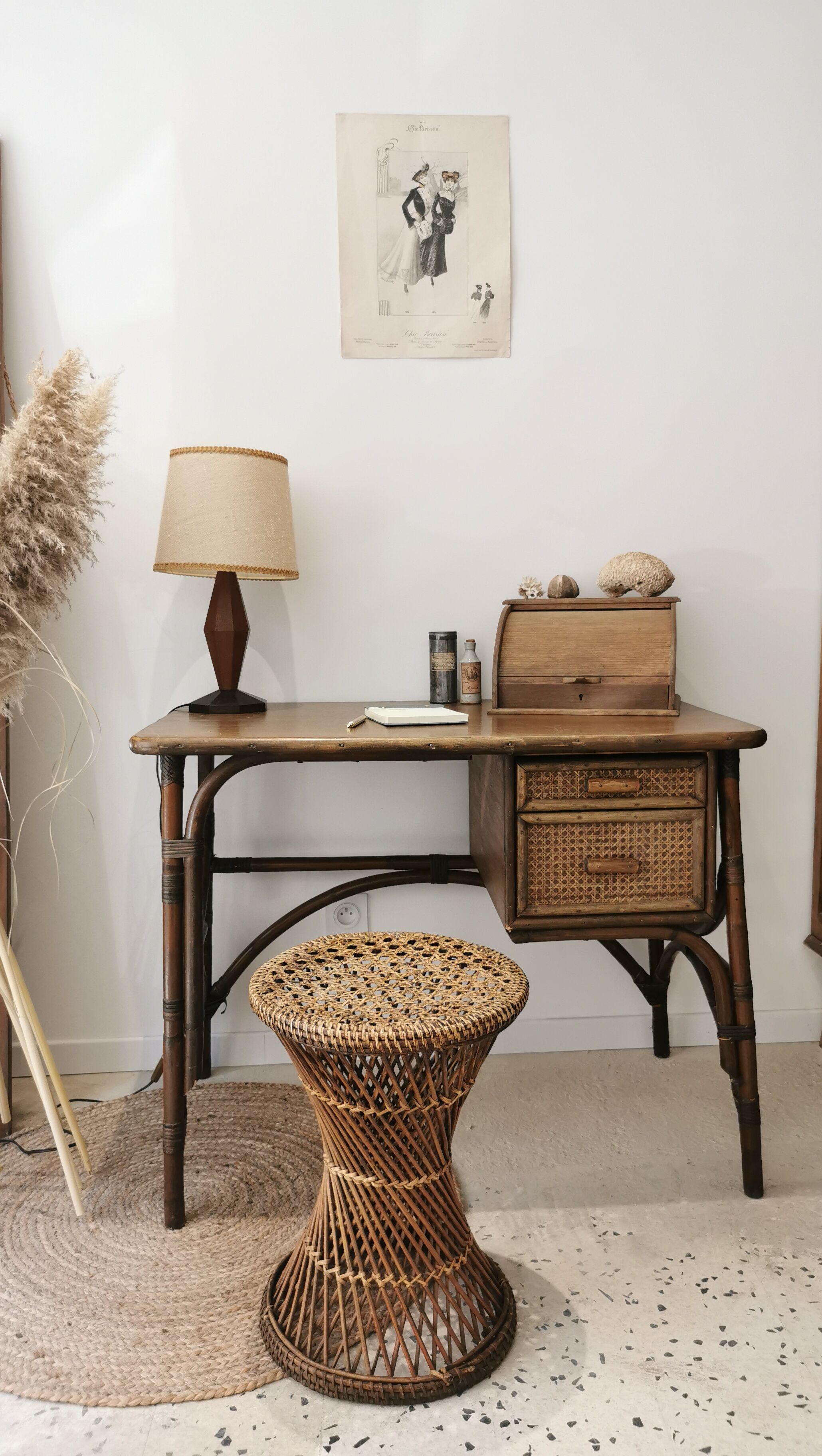 Rattan desk and vintage canning