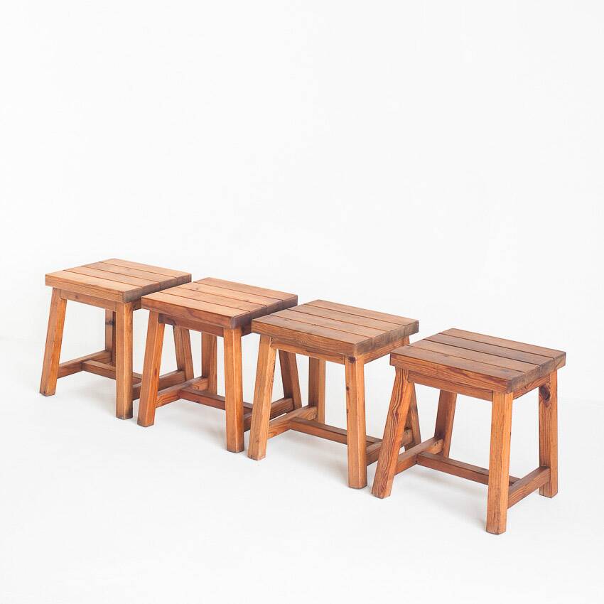 Set of 4 vintage pine stools. France, 1980s