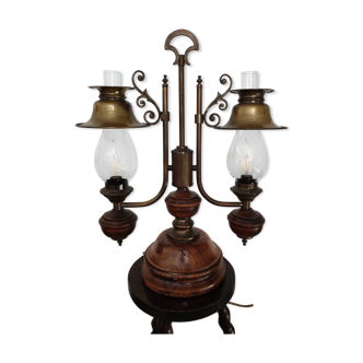 Double light lamp solid wood and brass art deco