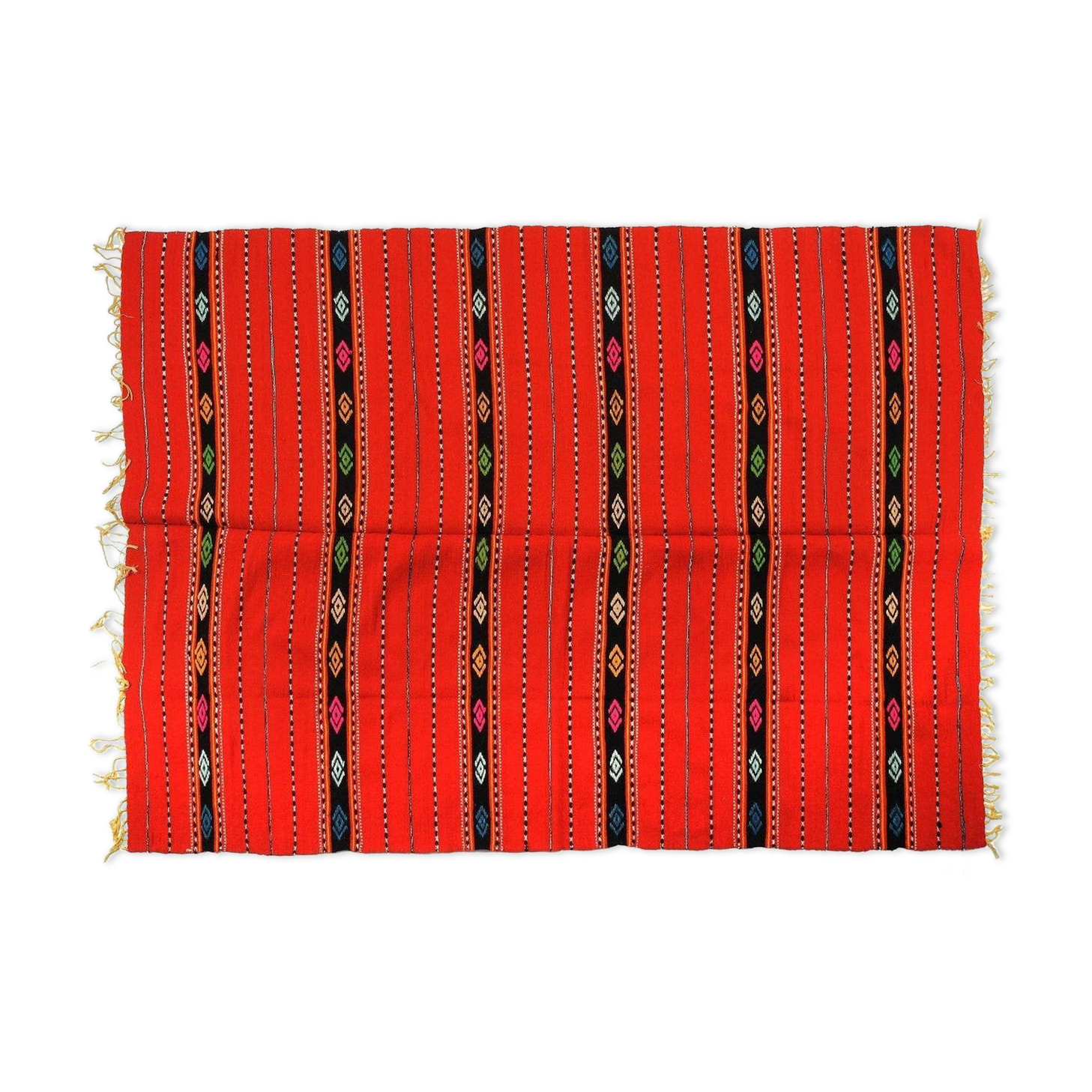 Tapis de laine rustique rouge traditionnel au design stylisé et rayures, authentique tissé à la main en Roumanie 225x145 cm