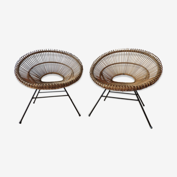 Paire de fauteuils rotin "soleil" des années 50