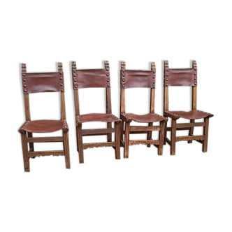 Set of 4 Spanish chairs in leather and wood