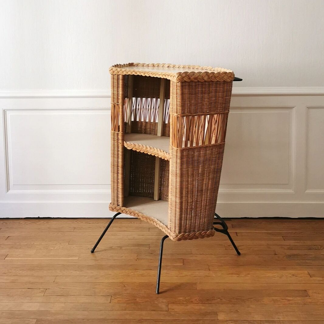 Bar and its 2 rattan stools, 1950