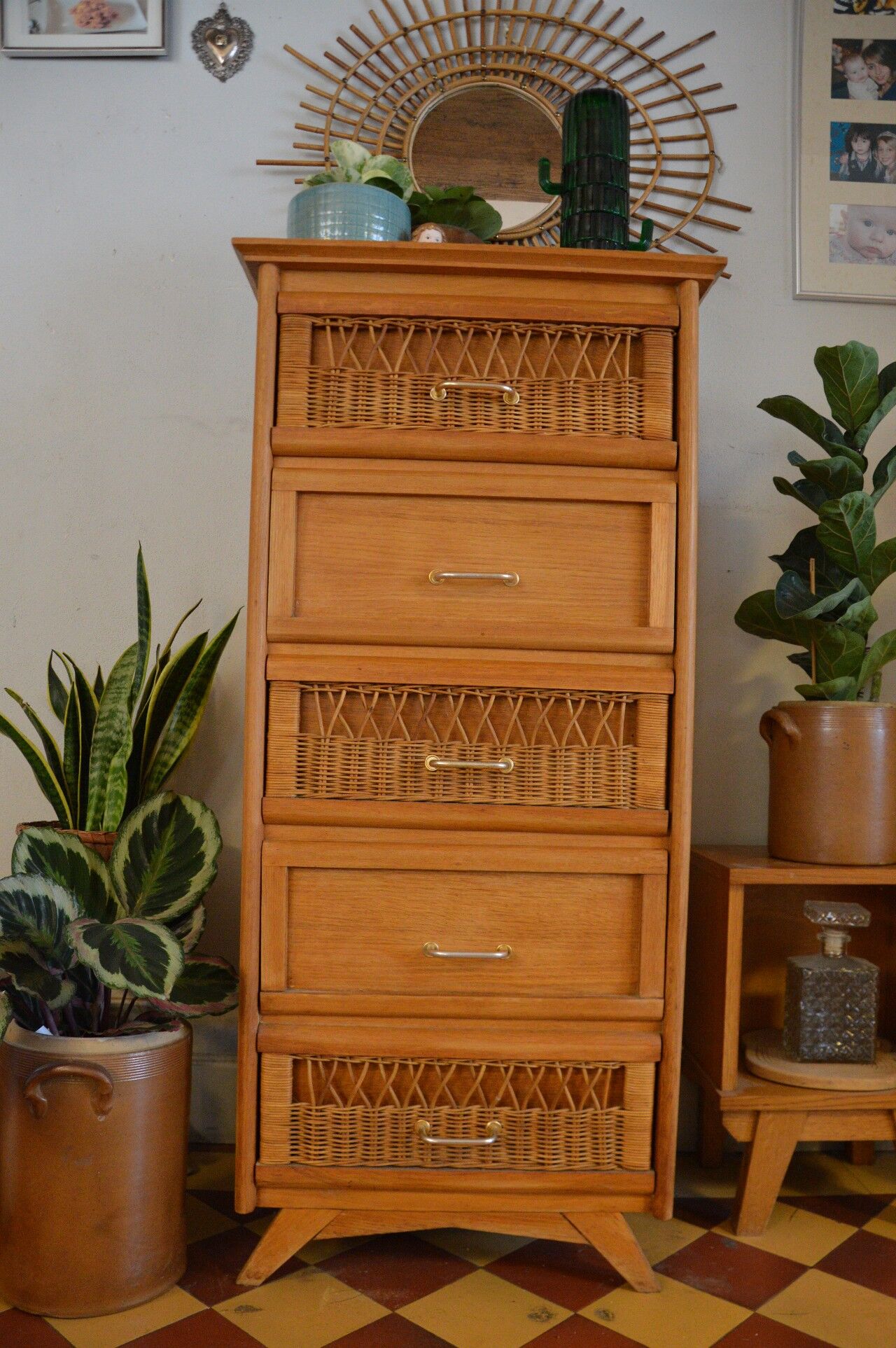 50s oak and rattan chiffonier