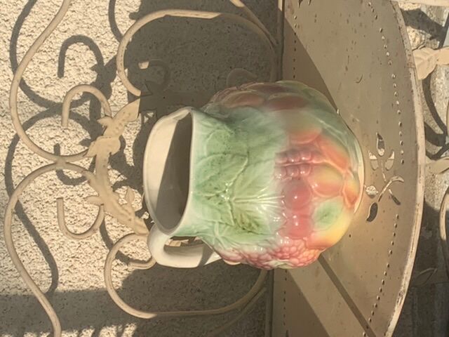 Pitcher, slurry carafe with fruit pattern, vintage glazed ceramic
