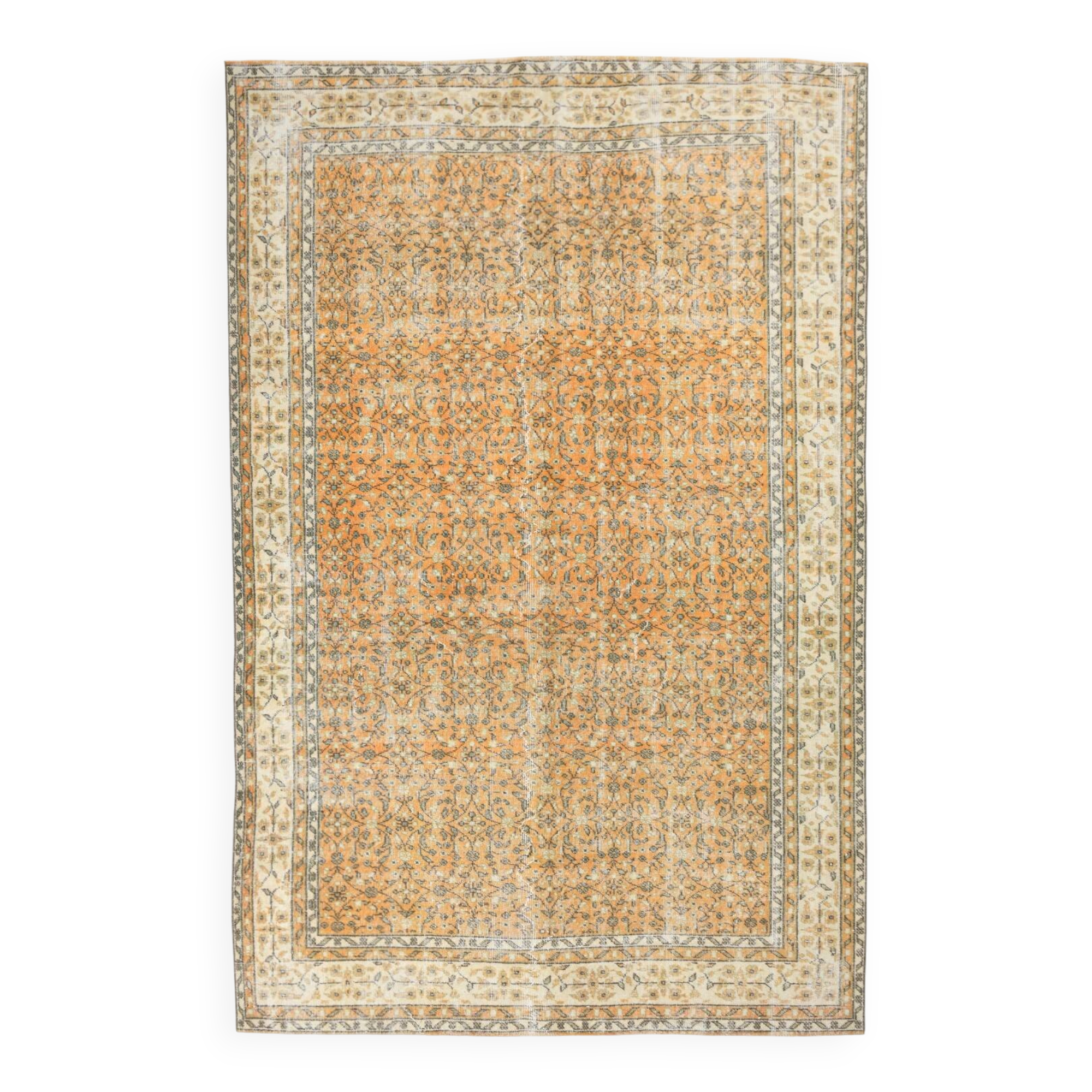 Grand tapis persan vintage orange et ivoire, motifs floraux raffinés