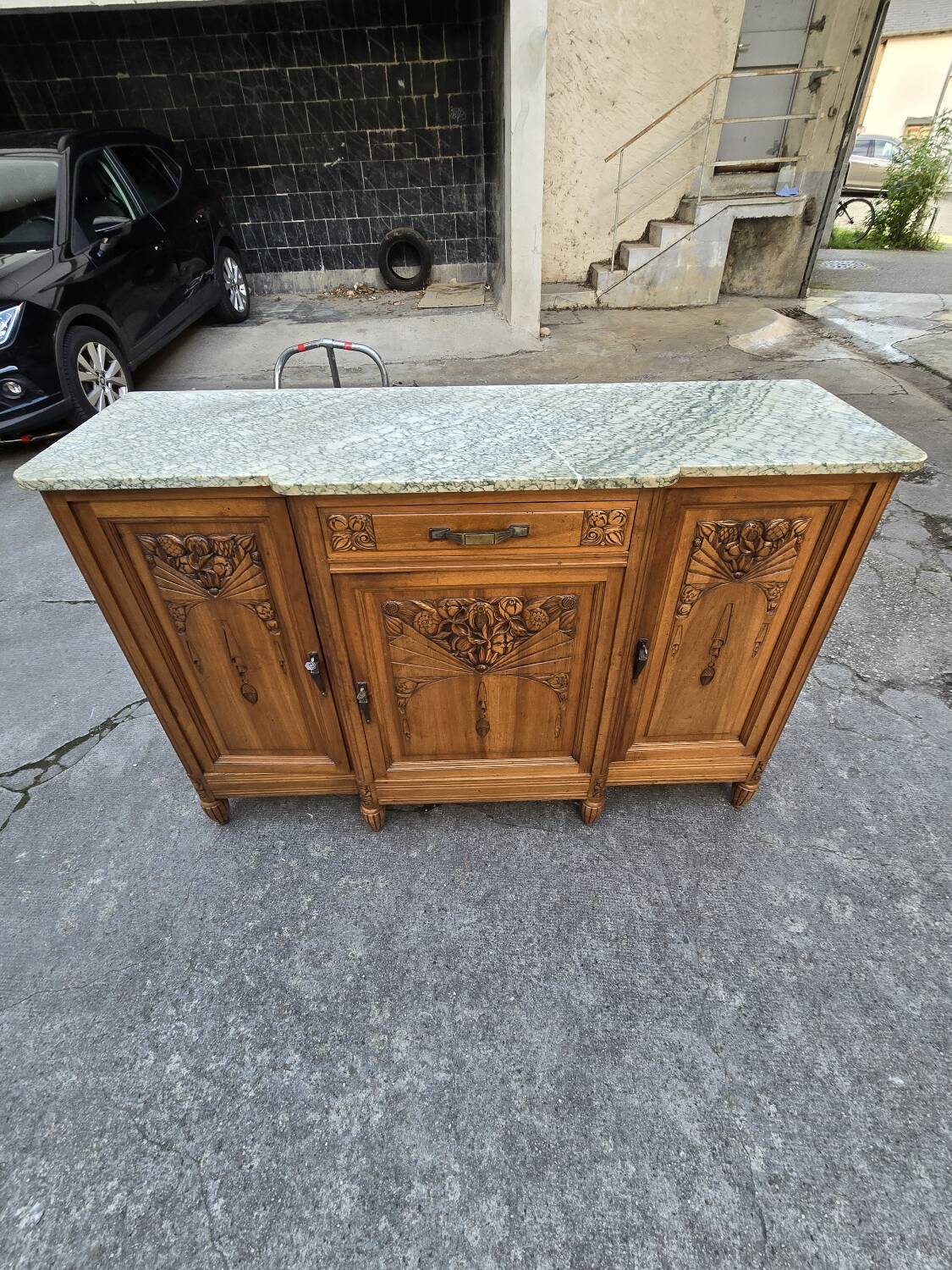 Solid wood carved sideboard with marble top, Art Nouveau style
