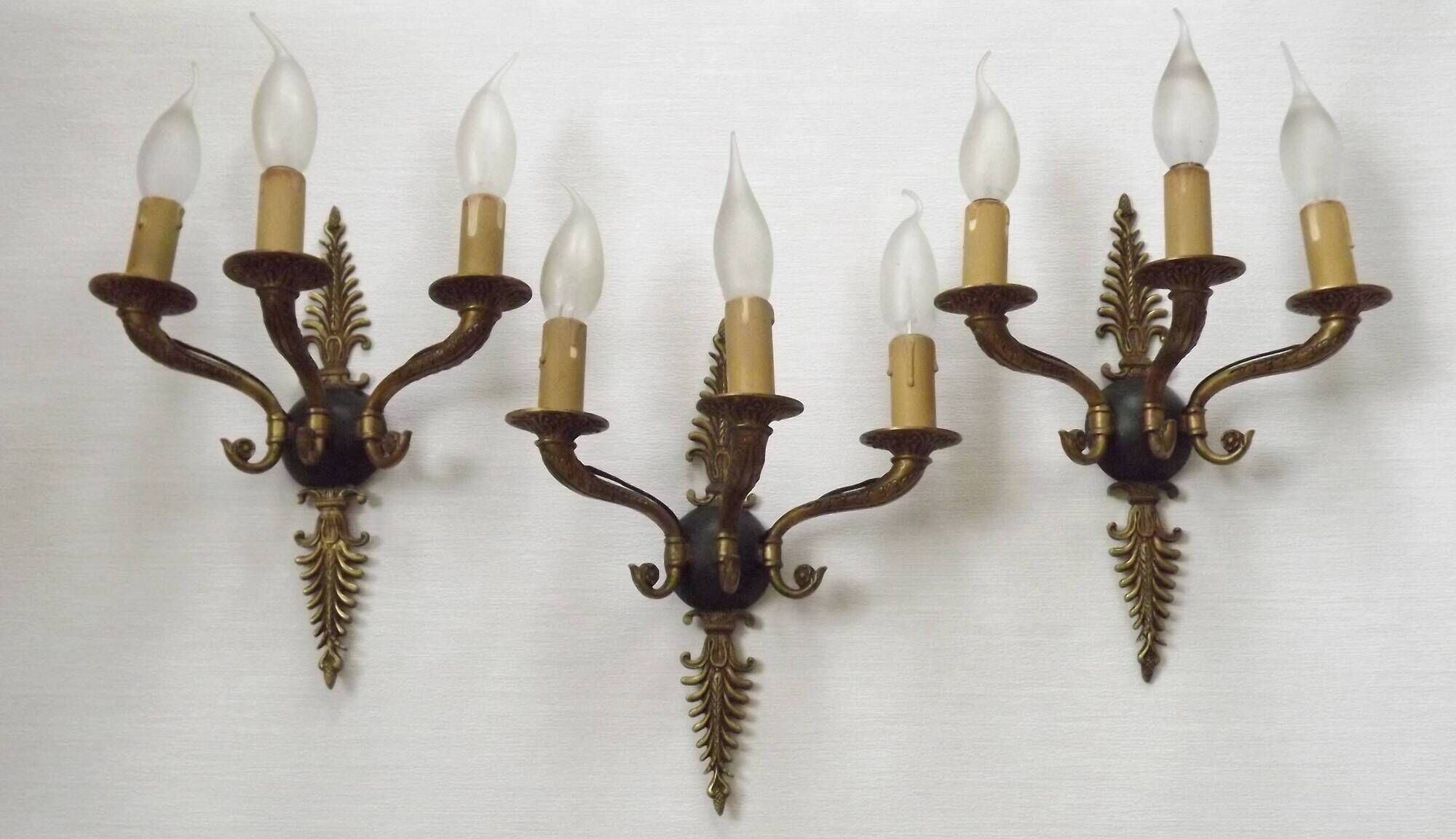 Set of 3 Bronze French Empire Style Triple Light Wall Sconces Neoclassical