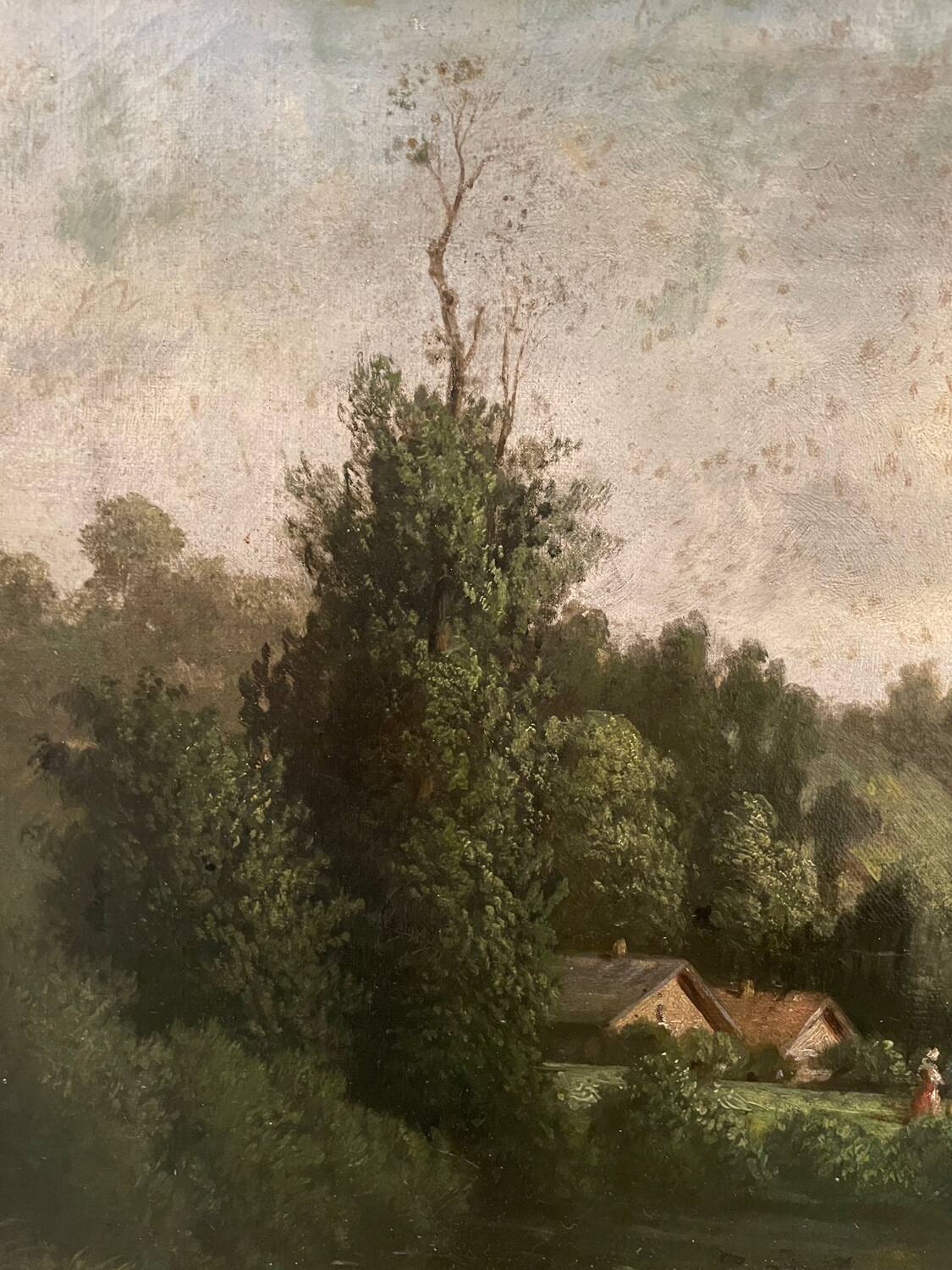 Tableau ancien paysage animé XIXe