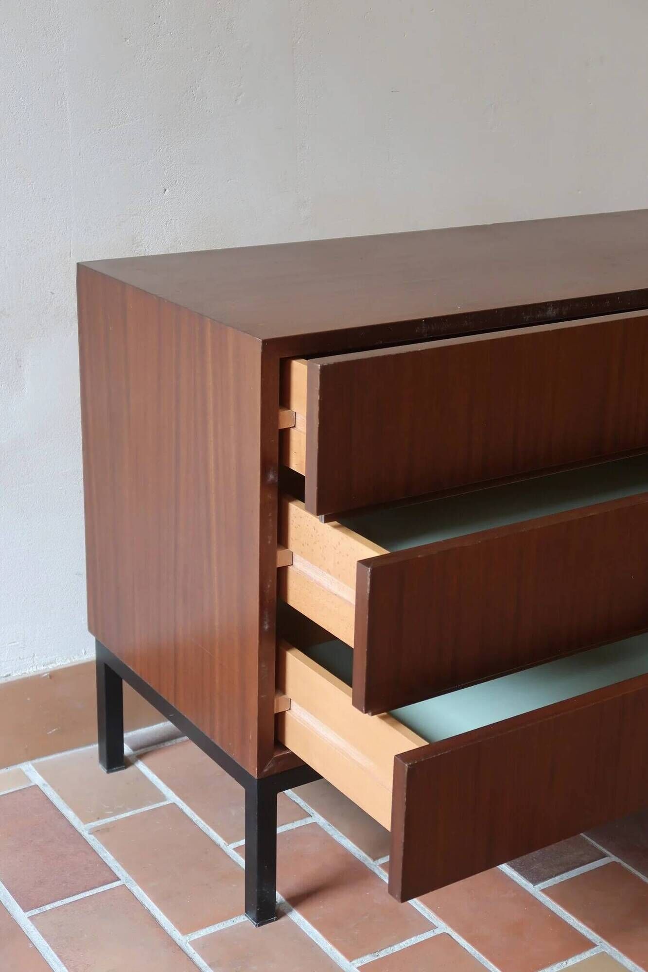 Teak chest of drawers with 3 drawers, black metal legs, 1960s.
