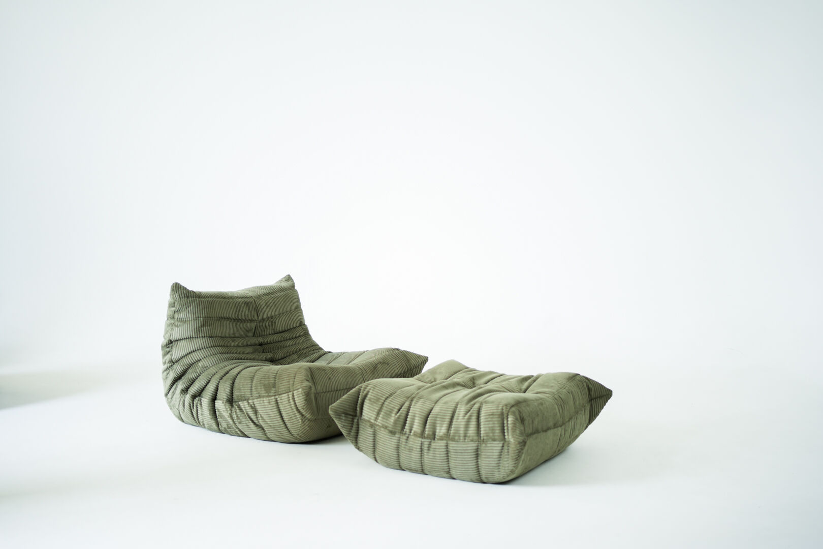 Togo Armchair and Pouf in Khaki wide Corduroy