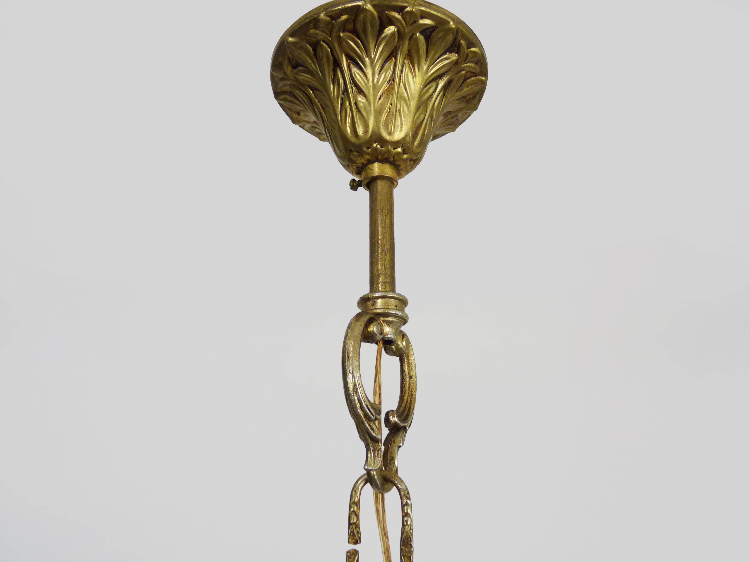 Chandelier, brass crown ceiling light, 5 floors, 3 lights, glass pendants. 60s