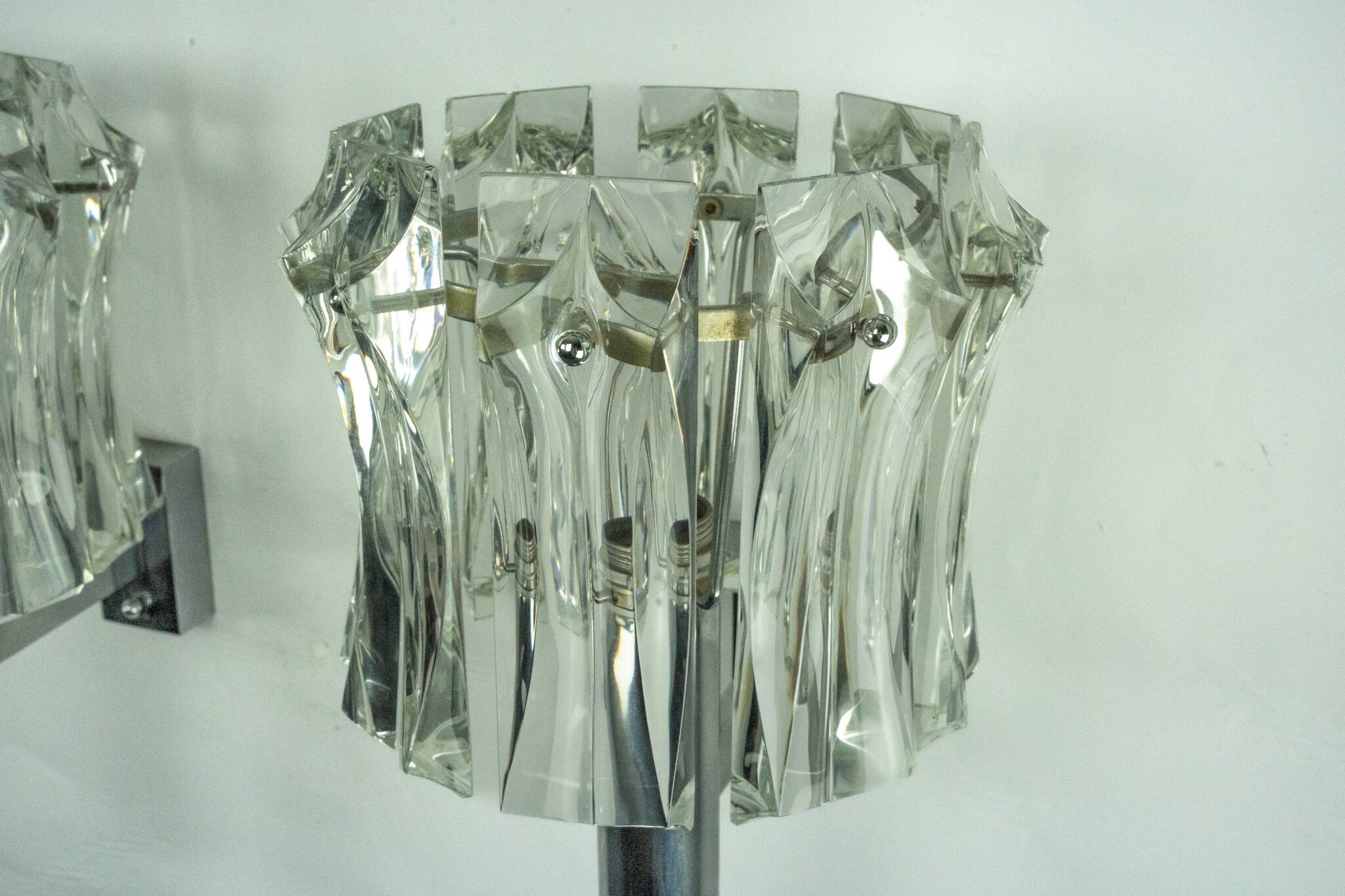 Set of four large Murano glass elements and chromed brass sconces, Italy 60