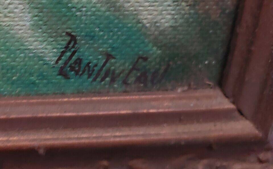 Oil on house mounted panel on the edge of the woods