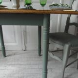 Table, vintage desk with smoked green base and oak top