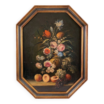 Nature morte aux fleurs et aux fruits, école italienne XXe dans l’esprit du XVIIe