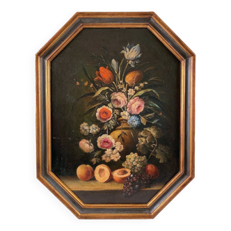 Still life with flowers and fruits, 20th century Italian school in the spirit of the 17th century