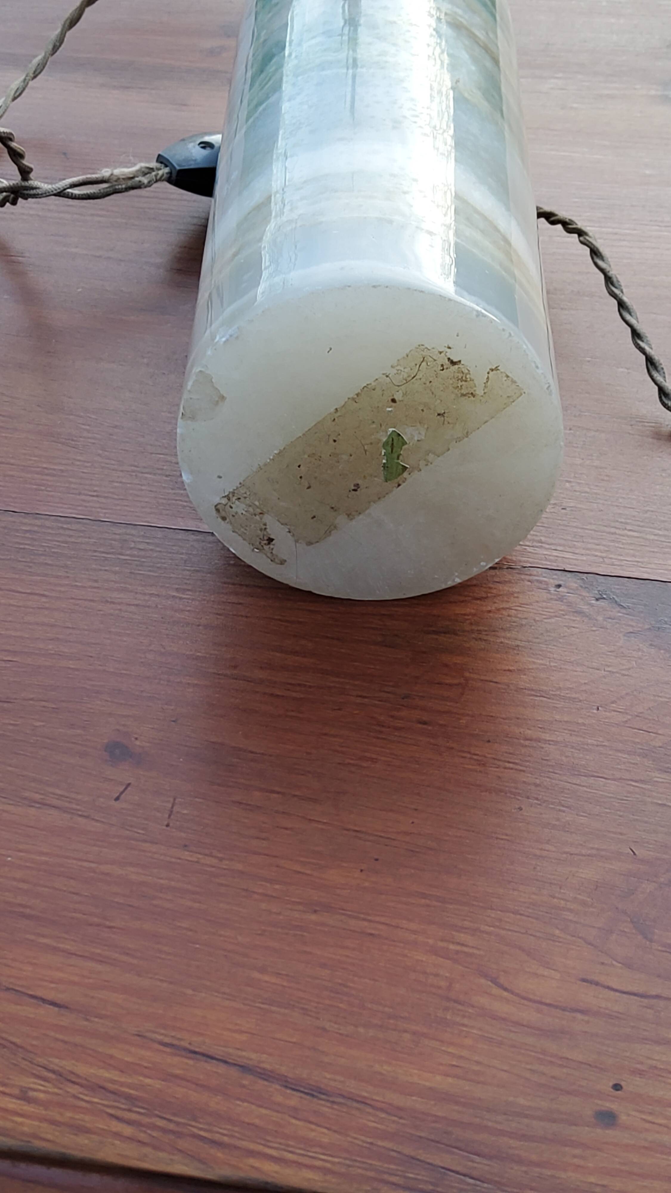 Designer lamp from the 70s in almond green onyx with original fabric shade
