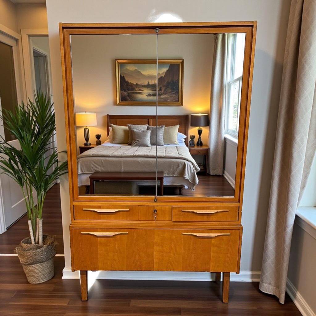 Vintage wooden wardrobe/shelf with mirror doors.