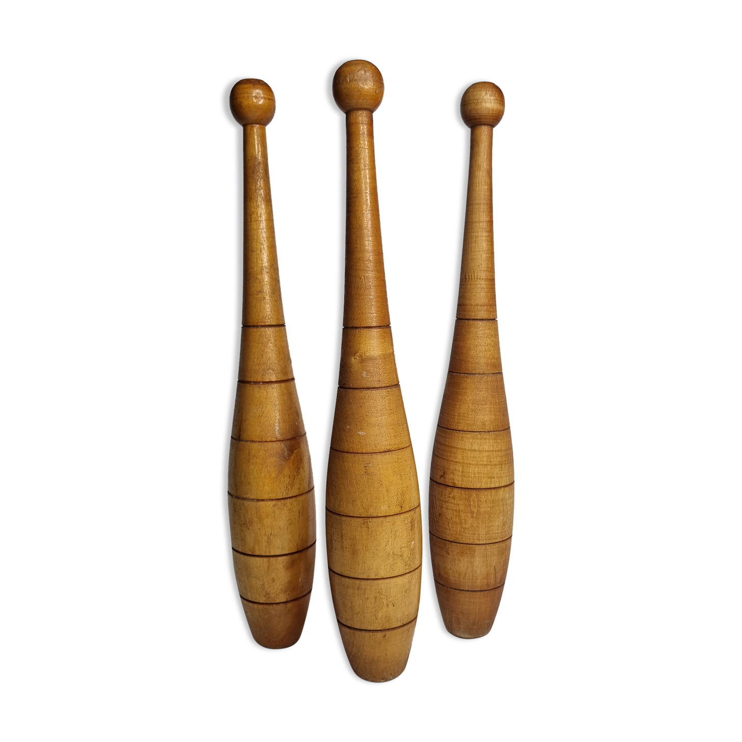 Set of three vintage juggling clubs in turned wood