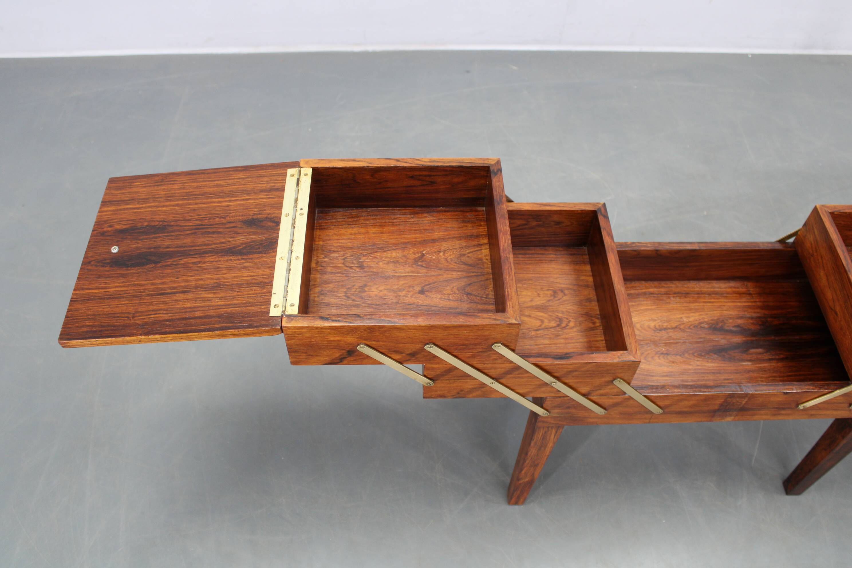 Danish mid-century unfolding sewing box in wood and brass, 1960s
