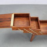 Danish mid-century unfolding sewing box in wood and brass, 1960s