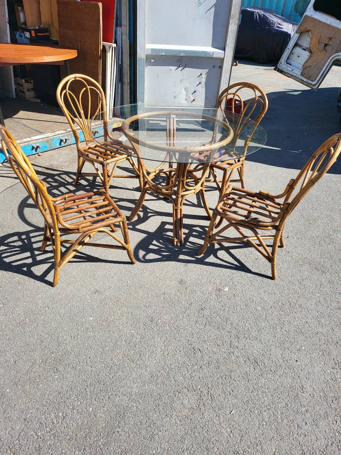 Vintage rattan and glass set - round table + 4 chairs