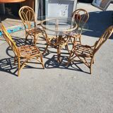 Vintage rattan and glass set - round table + 4 chairs