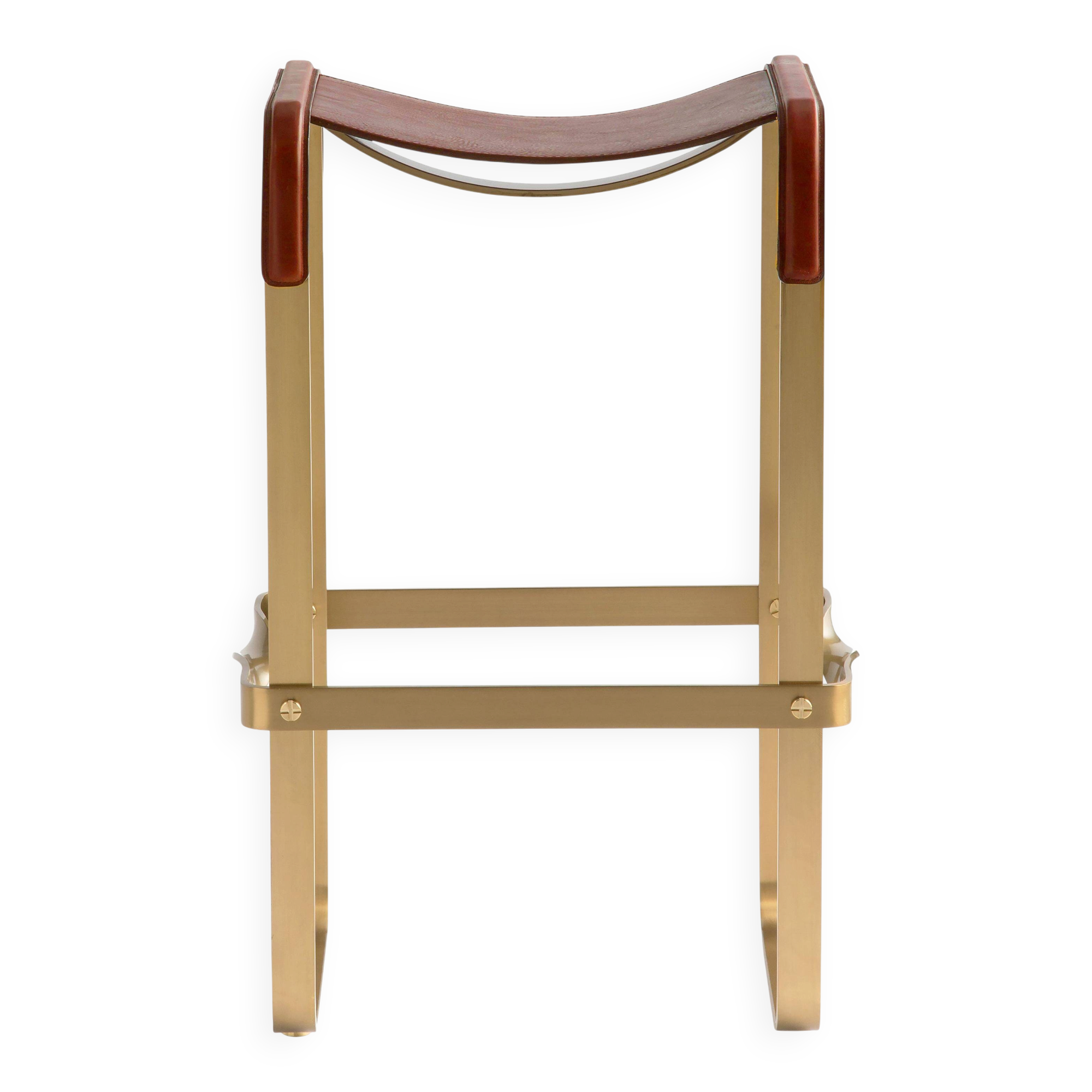 Contemporary kitchen stool, aged brass metal and cognac leather.