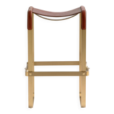 Contemporary kitchen stool, aged brass metal and cognac leather.