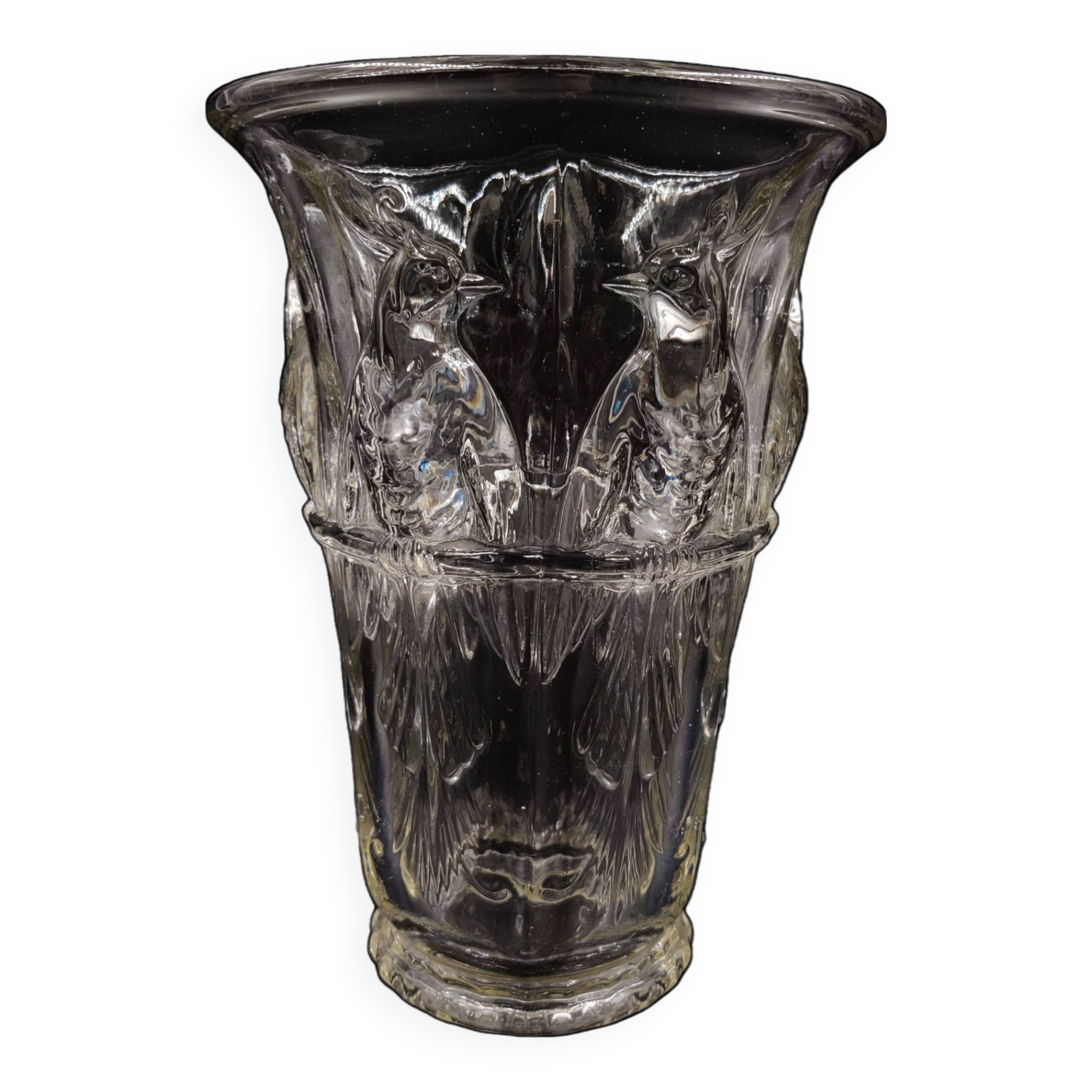 French Art Deco glass vase with cockatoo motif by Verlux