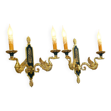Pair of Gilded Bronze Wall Lights in Empire Style with Two Lights by Lucien Gau