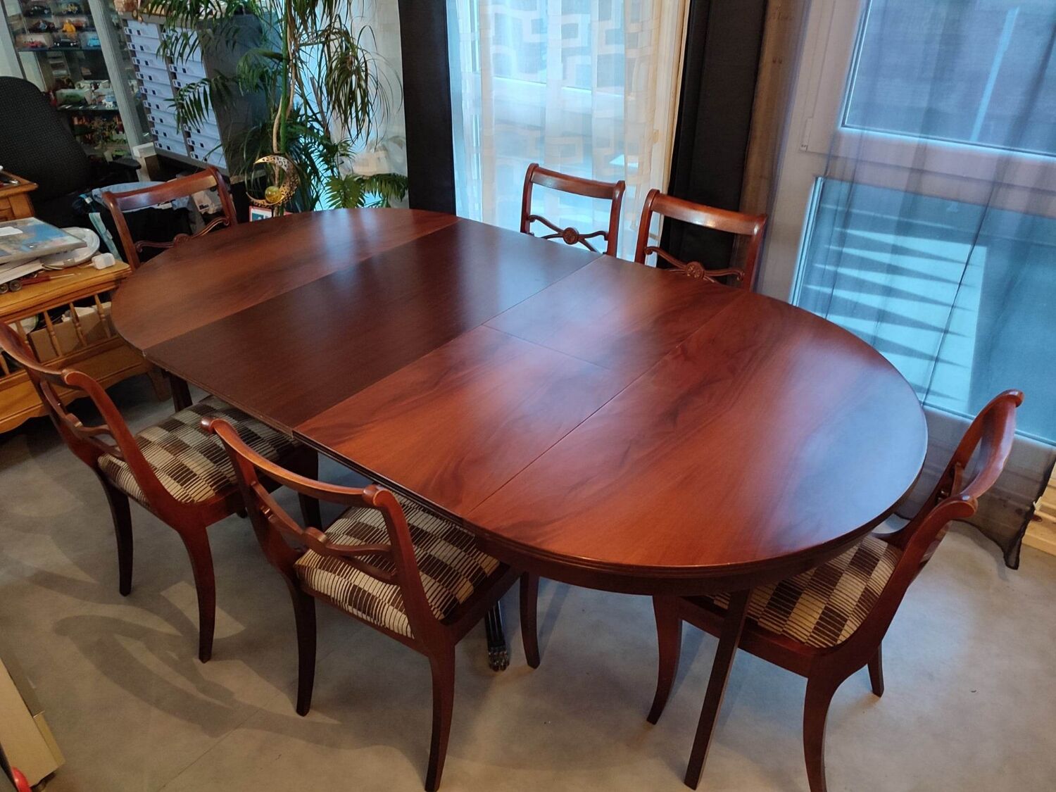 Table + extensions and chairs Gerbeau mahogany vintage wood
