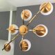 Large space-age chandelier with 6 lights - brass and opaline - design 1970