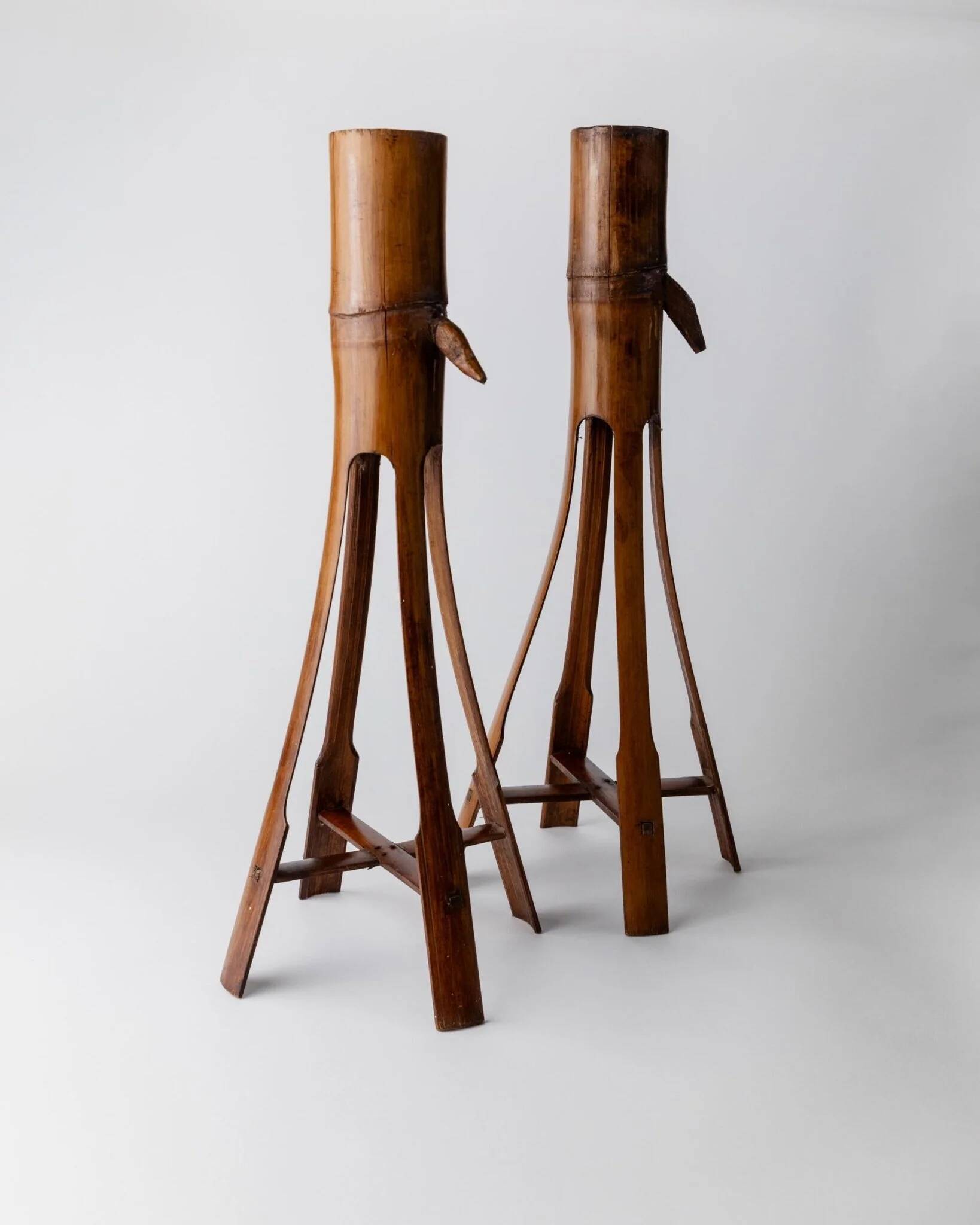 Two Vintage Beige Bamboo Candle Holders – Boho Organic Mid-Century Italian Design, 1960s