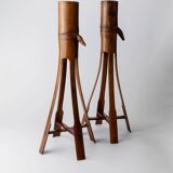 Two Vintage Beige Bamboo Candle Holders – Boho Organic Mid-Century Italian Design, 1960s