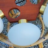 Scandinavian teak and white opaline chandelier with 6 lights from the 70s