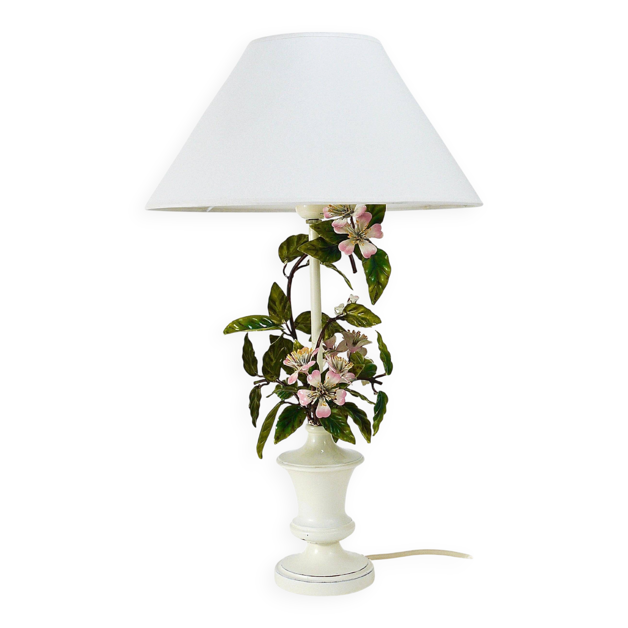 Hand-painted Toleware table lamp with wild apple blossom flowers, Salvadori, Italy, 1950s.