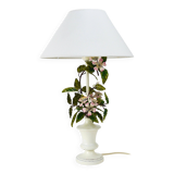Hand-painted Toleware table lamp with wild apple blossom flowers, Salvadori, Italy, 1950s.