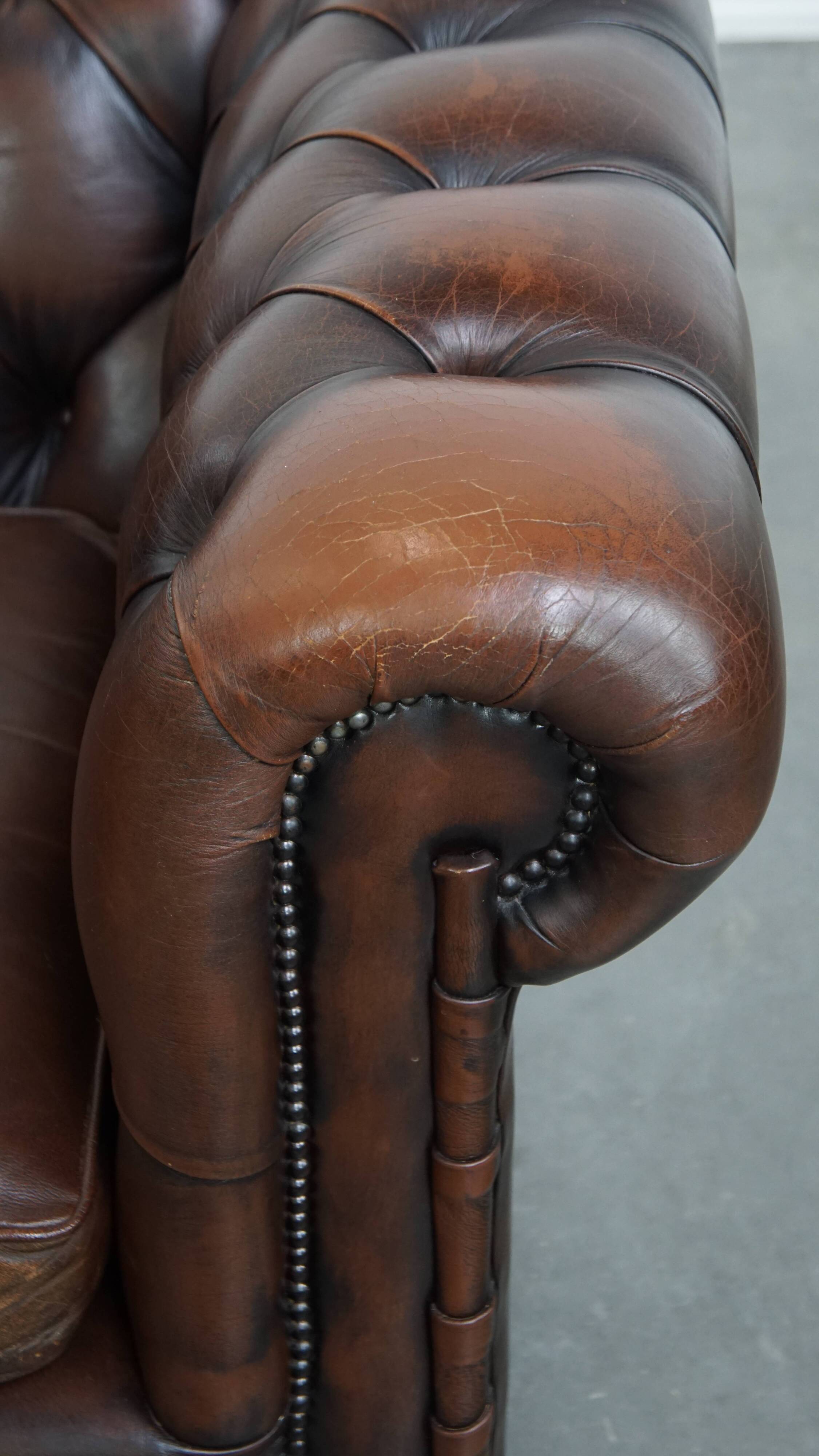 Dark brown English cowhide leather chesterfield armchair