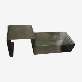 Table basse en inox et verre années 70