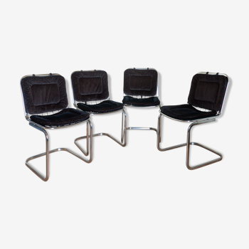 Lot 4 chrome metal chairs, black velvet cushion