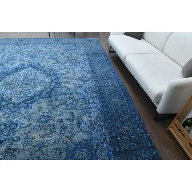 1970s Vintage Persian Handmade Wool Cotton Blue Area Rug 297x385