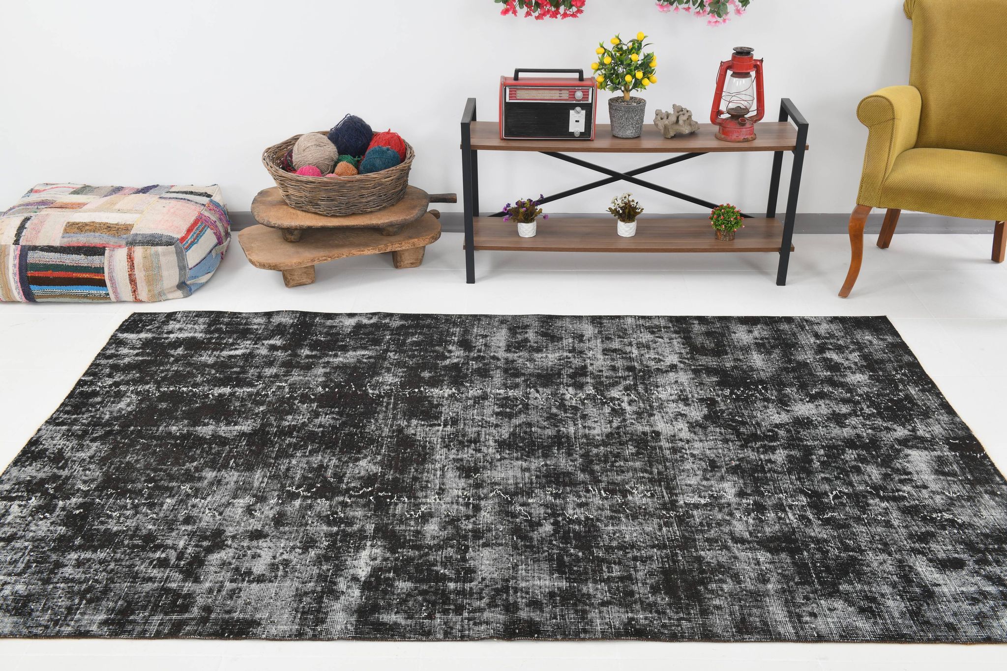 Black gray tones anatolian handmade vintage rug 260x158cm