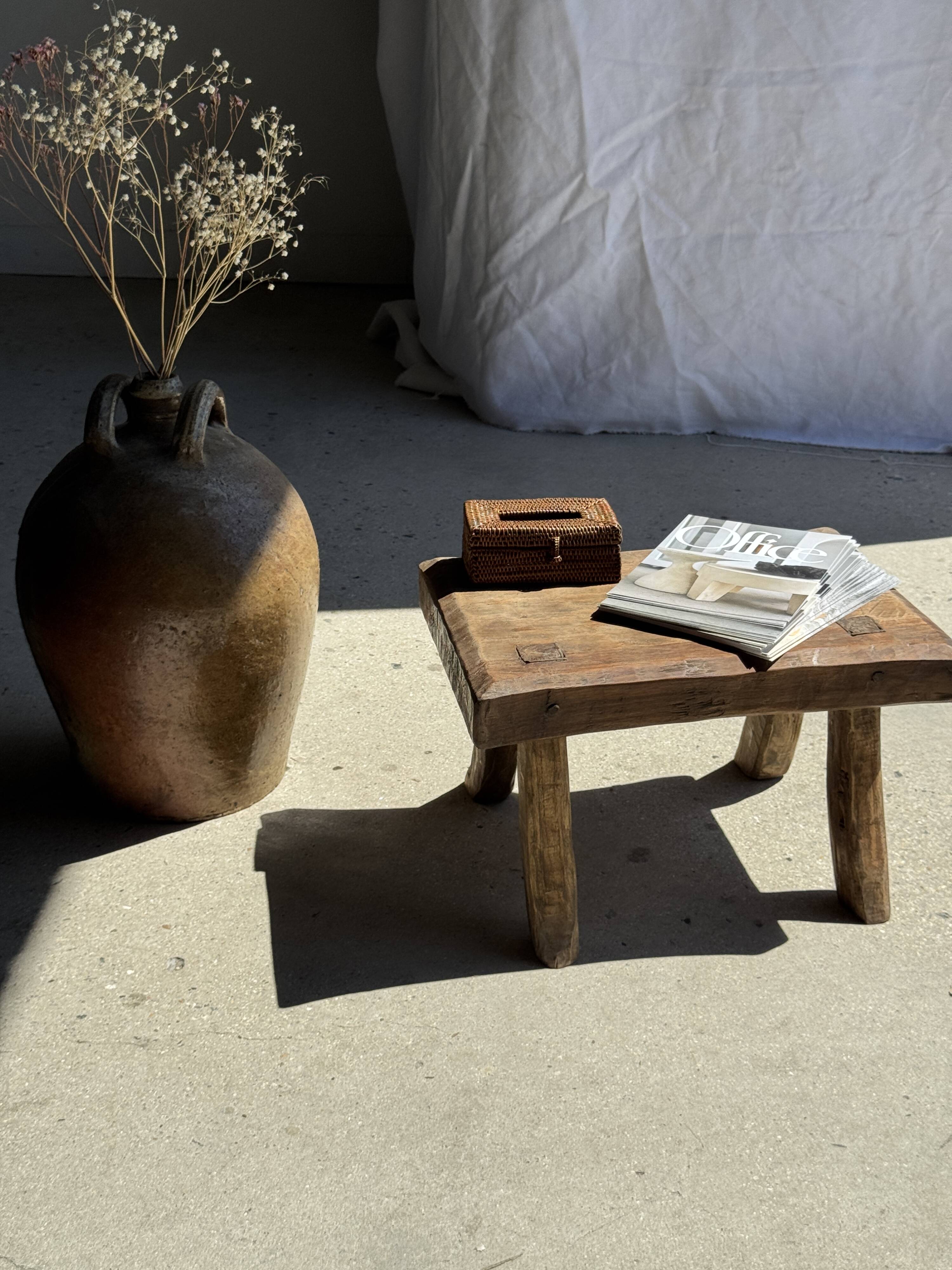 Small stool, rectangular curved accent stool in solid teak.