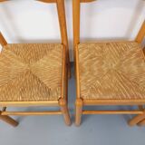 Set of 4 vintage brutalist chairs in light wood and straw from the 70s
