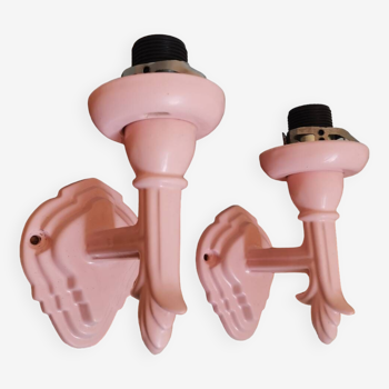 Set of 2 vintage pastel pink enamelled cast iron wall lamps