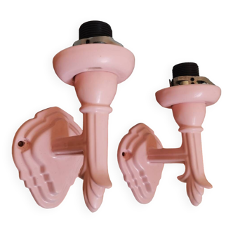 Set of 2 vintage pastel pink enamelled cast iron wall lamps